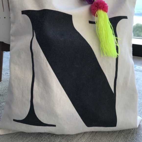 Initial N Canvas Tote with Tassel Pom Pom Costume - Picture 6 of 7